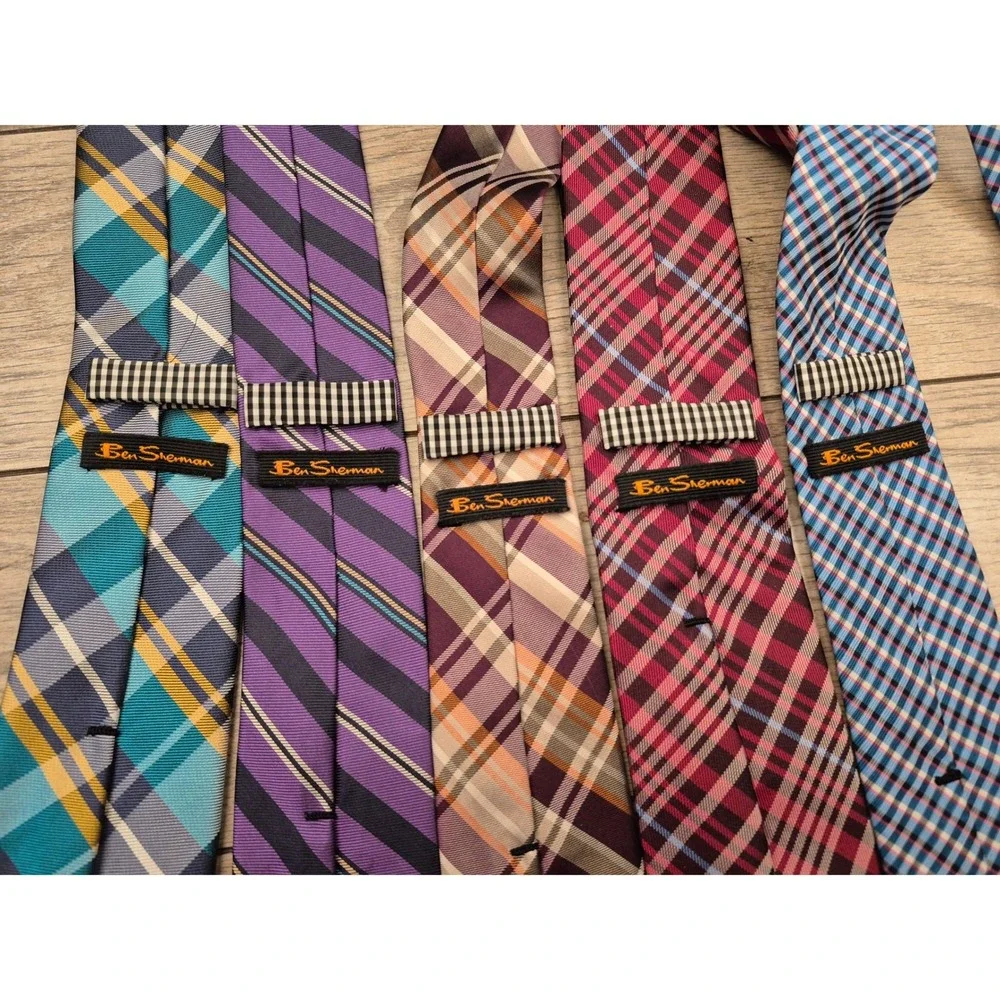 Ben Sherman Mens Silk Necktie Lot 5 Plaid Striped Gingham Teal Purple Red Orange